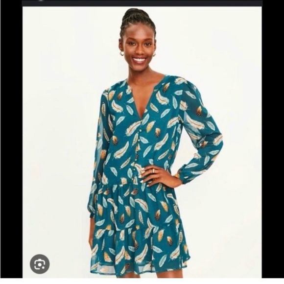 LOFT Teal Feather Print Babydoll Dress - Picture 3 of 10